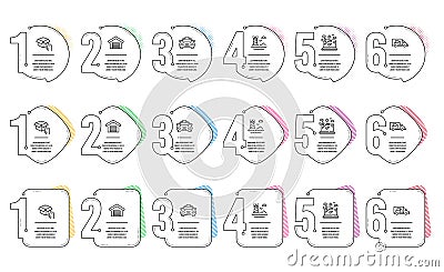 Parking garage, Truck transport and Airplane travel icons set. Hold box, Taxi and Lighthouse signs. Vector Vector Illustration