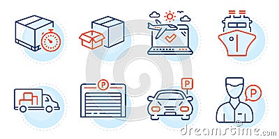 Parking, Parking garage and Truck transport icons set. Airplane travel, Packing boxes and Valet servant signs. Vector Vector Illustration