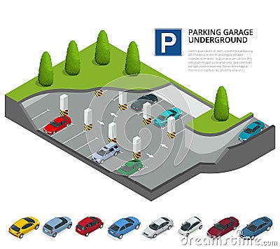 Parking garage underground. Indoor car park. Urban car parking service. Flat 3d isometric vector illustration for Vector Illustration