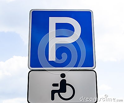 Road sign parking garage for wheelchair users, for disabled persons Stock Photo