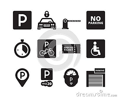 Parking icon. Transportation silhouette symbols cars bikes cash garage vehicles park vector collection set Vector Illustration