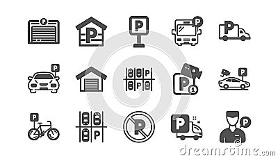 Parking icons. Garage, Valet servant and Paid parking. Classic icon set. Vector Vector Illustration