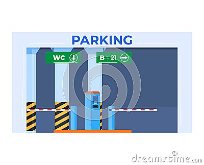 Parking inscription, safe place for vehicle storage, underground garage entrance, design cartoon style vector Vector Illustration