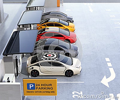 Parking lot equip with solar panel, battery and charging station Stock Photo