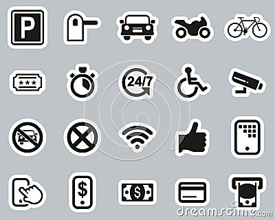 Parking Or Parking Lot Icons Black & White Sticker Set Big Vector Illustration