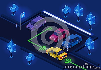 Parking lot isometric 3D vector illustration for night parking illumination of direction marking technology design Vector Illustration