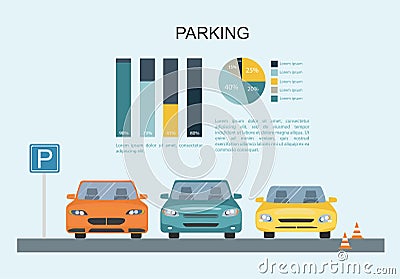 Parking lot with a set of different cars. Transporation Infographic Vector Illustration