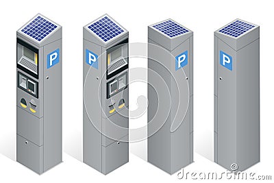 Parking meter allowing payment by mobile phone, credit cards, coins. Infographic business elements. Flat 3d isometric Vector Illustration