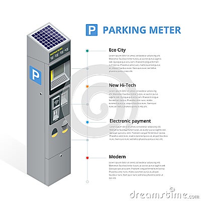 Parking meter allowing payment by mobile phone, credit cards, coins. Infographic isometric flat 3d illustration business Vector Illustration