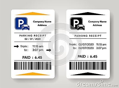 Parking receipt template. Check from parking meter mock up. Price for car stay. Entrance and exit ticket from vehicle Vector Illustration