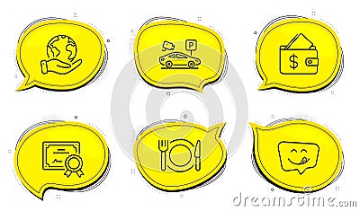 Parking security, Yummy smile and Restaurant food icons set. Wallet sign. Video camera, Emoticon, Cutlery. Vector Vector Illustration