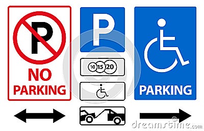 Parking sign icon vector set. Paid and for disabled people, car evacuation Vector Illustration