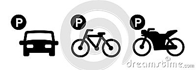 Parking sign P icon for car bike motorbike motorcycle black transparent isolated parking lot area symbol road sign Vector Illustration