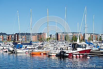 Parking of small boats close up on Saimaa lake. Lappeenranta, Finland Editorial Stock Photo