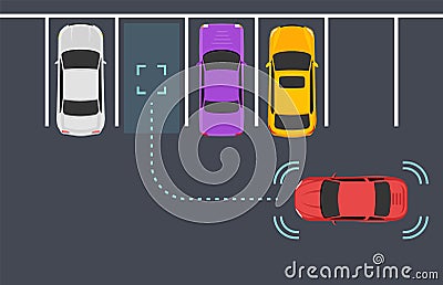 Parking smart car sensor autonomous view. Automobile park assist drive safety Vector Illustration