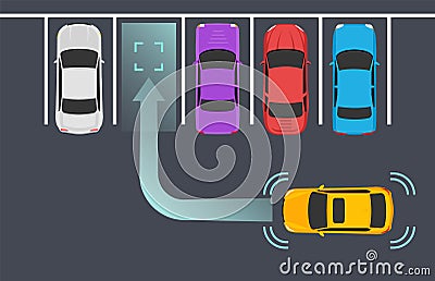 Parking smart car sensor autonomous view. Automobile park assist drive safety Vector Illustration