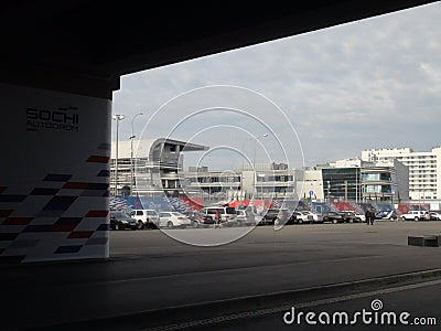 Parking on the square near the main grandstand competition . Sochi Autodrom 2014 FORMULA 1 RUSSIAN GRAND PRIX . Editorial Stock Photo