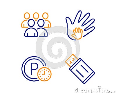 Parking time, Group and Social responsibility icons set. Usb flash sign. Park clock, Developers, Hand. Vector Vector Illustration