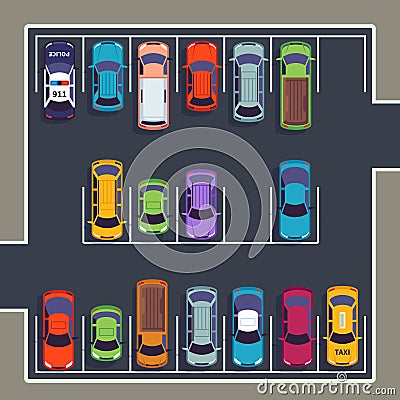 Parking top view. Many cars on parking zone, different vehicles in parked lot from above. Auto vector infographic Vector Illustration