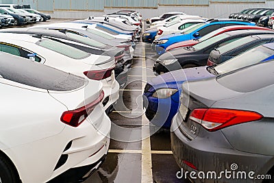 parking of used cars in the open air. profitable sale and purchase of cars. Editorial Stock Photo