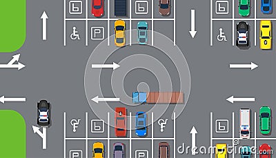 Parking zone car top view aerial construction illustration. Road street traffic transport concept. City place area public space. Vector Illustration