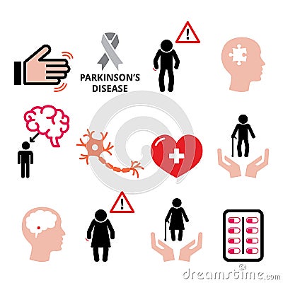 Parkinson`s disease, senior`s health icons set - old people, grandma, grandpa Vector Illustration