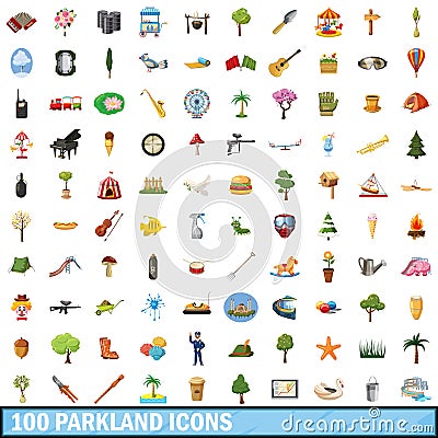 100 parkland icons set, cartoon style Vector Illustration