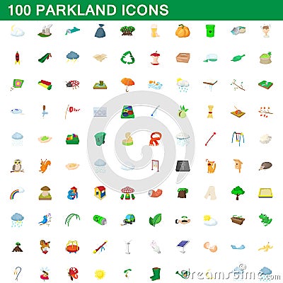 100 parkland icons set, cartoon style Vector Illustration