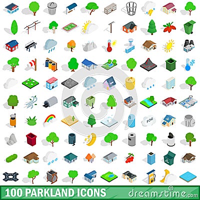 100 parkland icons set, isometric 3d style Vector Illustration