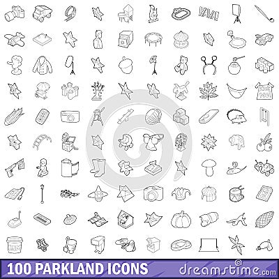 100 parkland icons set, outline style Vector Illustration