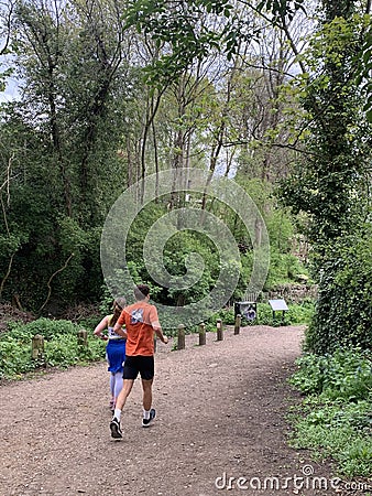 The Parkland Walk is a 3.1-mile 5.0 km linear green pedestrian and cycle route in London Editorial Stock Photo