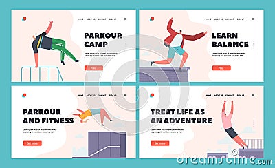 Parkour in City Website Landing Page Set. Young People Jumping Over Walls and Barriers, Urban Sports, Active Lifestyle Vector Illustration