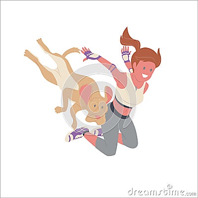 The parkour girl fly with her puppy Dogue de Bordeaux, jumping with sportswear, extreme sports activity ourdoor style Vector Illustration