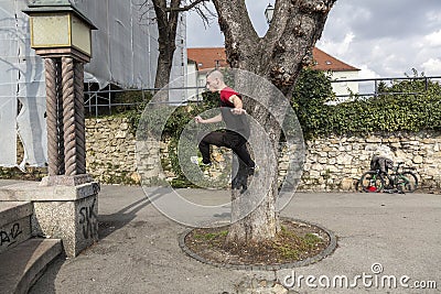 Parkour acrobat in action in Zagreb, Croatia Editorial Stock Photo