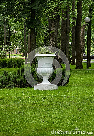 The White Flowerpot Among The Trees In The Park Stock Photo