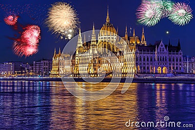 Parliament in Budapest with firework, celebration of the New Year, Hungary Stock Photo