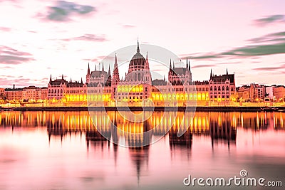 Parliament and riverside in Budapest Hungary during sunrise. Famous landmark in Budapest. Stock Photo
