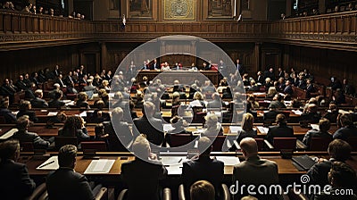 Parliamentary session, showcasing politicians engaged in passionate discussions. Stock Photo