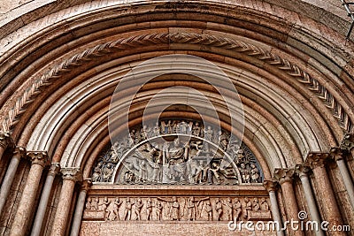 Parma, detail of the portal of the baptistery, Duomo square, Emilia Romagna, Italy Editorial Stock Photo