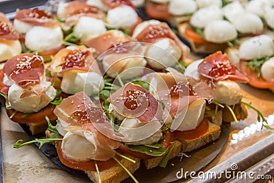 Parma ham and Mozzarella Appetizer at Mercado de San Miguel Stock Photo