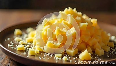 Parmesan Typically shaved or crumbled into small chunks. generated using AI. Stock Photo