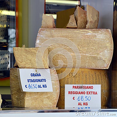 Parmigiano Reggiano. A gourmet cheese and meat shop in Bologna Editorial Stock Photo