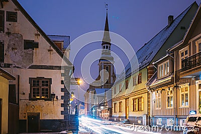 Parnu, Estonia. Night View Of Kuninga Street With Old Houses, Restaurants, Cafe, Hotels And Shops In Evening Night Editorial Stock Photo