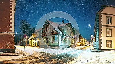 Parnu, Estonia. Night View Of Kuninga Street With Old Buildings, Houses, Restaurants, Cafe, Hotels And Shops In Evening Editorial Stock Photo