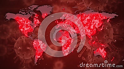 Parola covid19 scritta con le cellule coronavirus che si diffondono e mappa mondiale su sfondo rosso. royalty illustrazione gratis Parola covid19 scritta con le cellule coronavirus che si diffondono e mappa mondiale su sfondo rosso. royalty illustrazione gratis