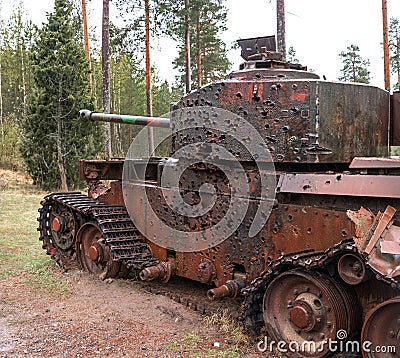 Parola, Finland - May 2, 2019: Tank Museum in the city of Parola. Tank target at the site. Armor has holes from Editorial Stock Photo