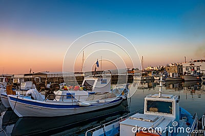 PAROS, CYCLADES, GREECE - JUNE 2018: Iconic view from the picturesque seaside village of Naousa on the island of Paros, Cyclades, Editorial Stock Photo