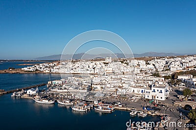 Paros island, Naousa cityscape aerial drone view. Greece, Cyclades Stock Photo