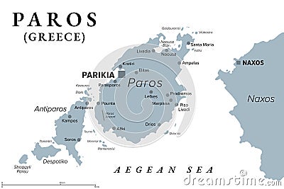 Paros, Greek island, Island of Greece in the Aegean Sea, gray political map Vector Illustration