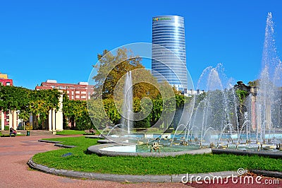 Parque de Dona Casilda de Iturriza and Iberdrola Tower in Bilbao Editorial Stock Photo